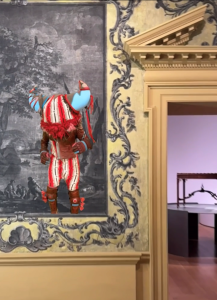 Augmented reality figure by Cannupa Hanska Luger overlays a historic landscape painting in the Met’s American Wing