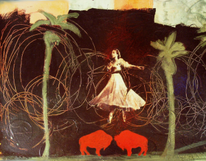 Mixed-media artwork by Wendy Mahsetky-Poolaw depicting a dancer among abstract forms and natural elements
