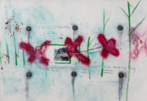 Mixed-media artwork by Wendy Mahsetky-Poolaw featuring red forms and layered textures